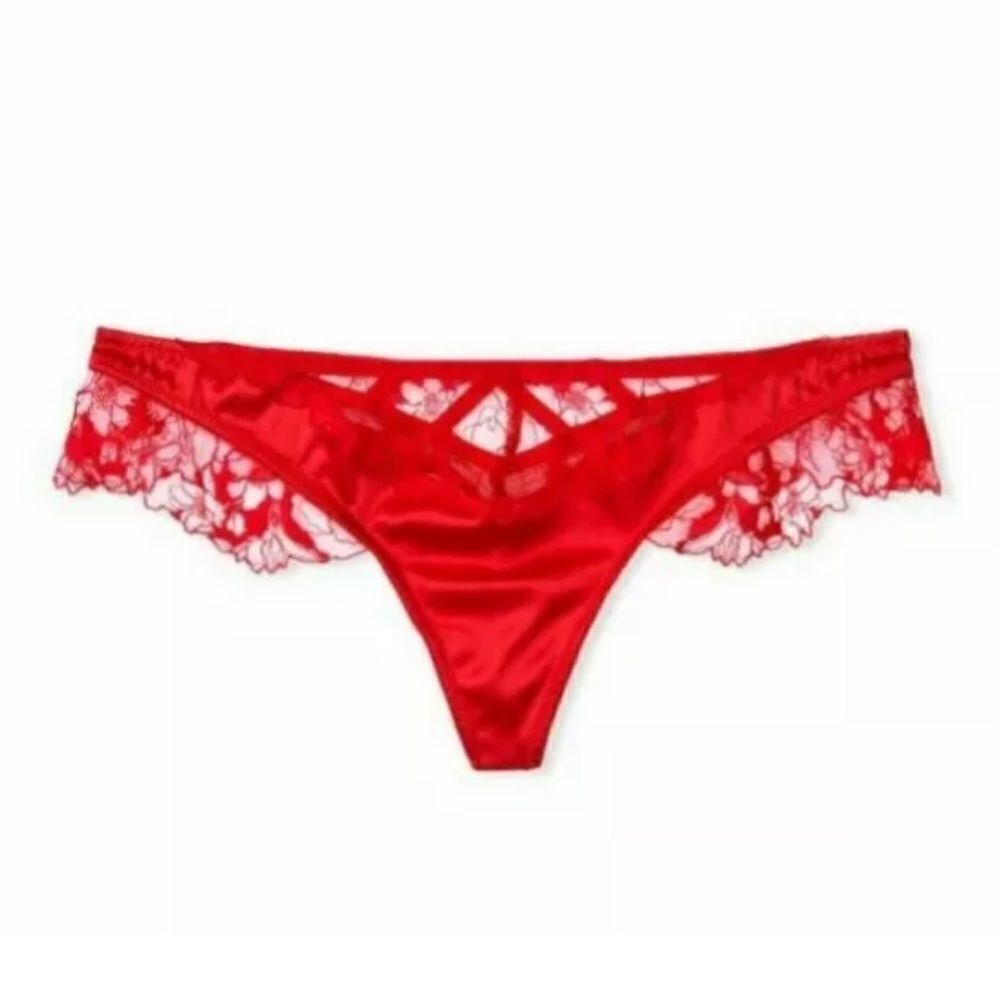 Victorias Secret LUXE Very Sexy Satin Mesh Lace Caged Thong panty Red Large